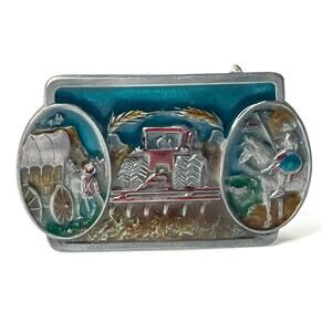 VTG 1986 CJ INC Cowboys & Indians BELT BUCKLE Farm Tractor Indian Chief Horse